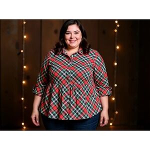 Kim Rogers Plaid women's 1XL Red Green Gold festive Christmas boho casual cute